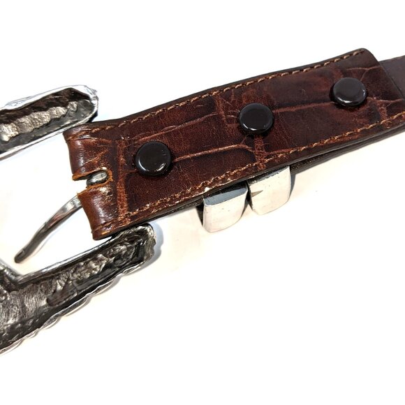 Vintage 90s Hartnell Belt Brown Alligator Grain Calfskin Leather Silver Buckle - Picture 11 of 13